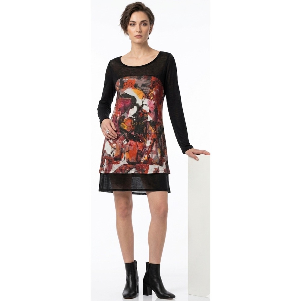 Aventures des Toiles‎ Abstract Art Print Long Sleeve Tunic Dress Black Size XL